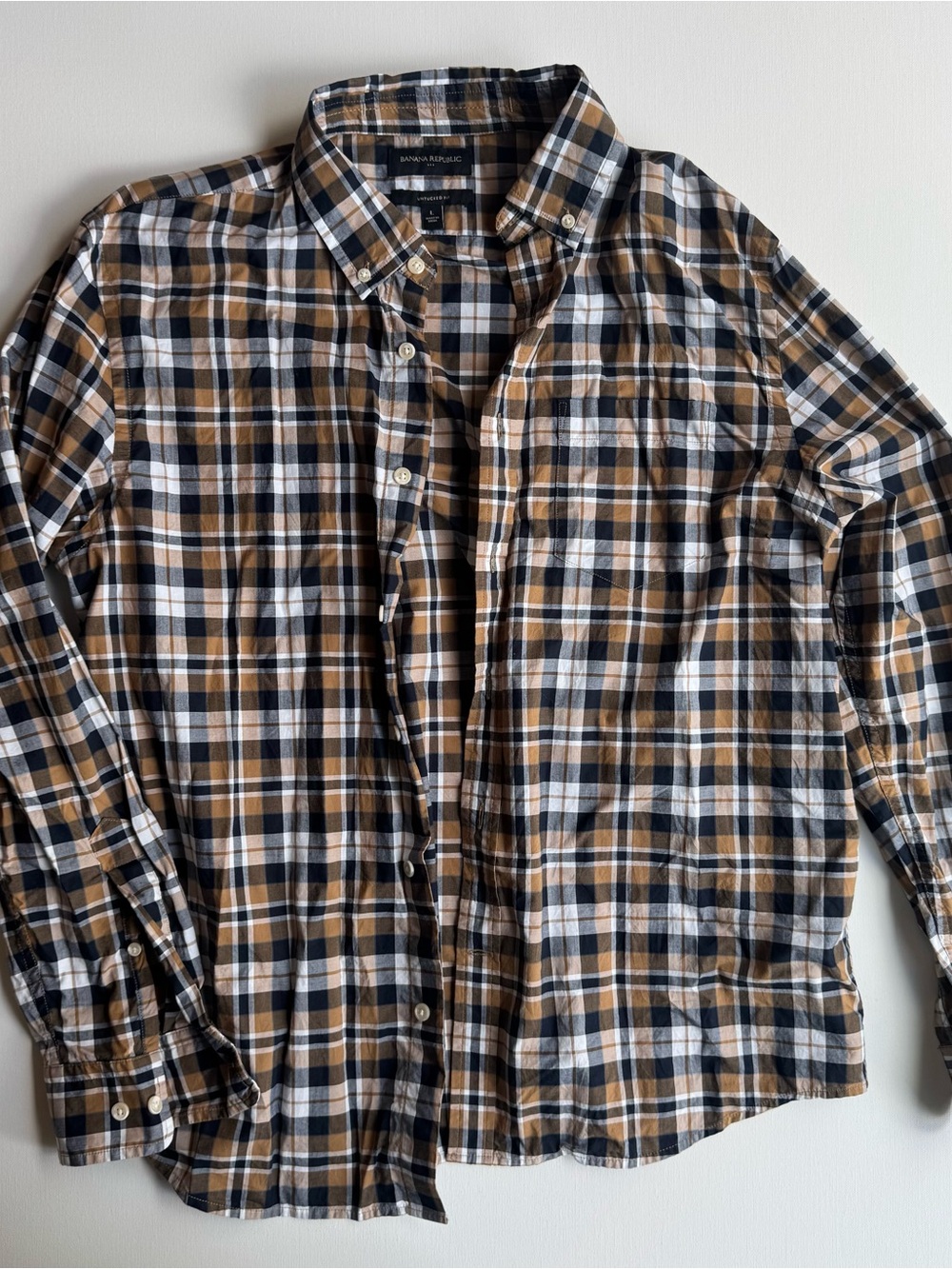 Banana Republic Plaid Button-Down Shirt - Tan, Black, White